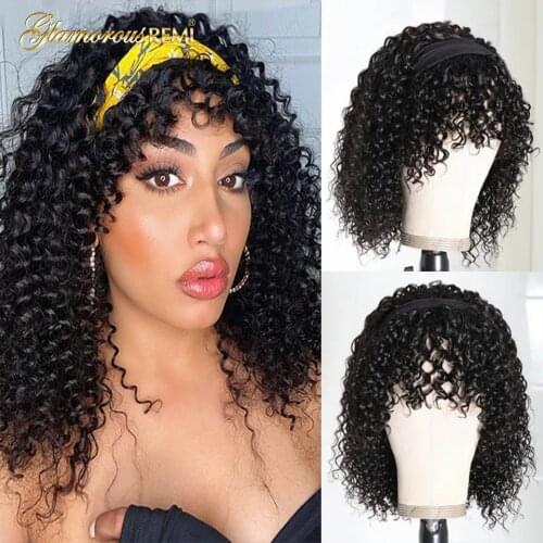 Short Bob Curly Headband Scarf Wig With Bangs Brazilian Full Machine Made Headband Wig Human Hair Wigs For Women Density180 Remy