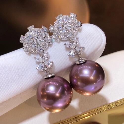 M131 Solid 925 Sterling Silver Round 10-11mm Nature Fresh Water Purple Pearls Drop Dangle Earrings for Women Fine Birthday Gifts