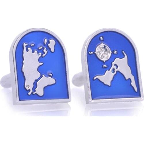Mens World Map Shirts Cufflinks Wedding Blue Silver Plated Global Ocean Compass Cuff Links Explorer Traveler Jewelry