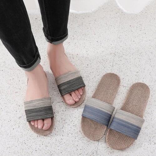 Mens Fashion Casual Slippers Couples Gingham Slippers Indoor Floor Flat Shoes Breathable Linen Slippers Man Beach Sandals#G30