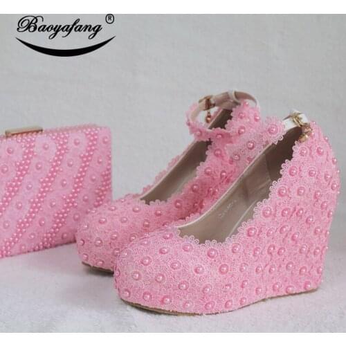 BaoYaFang New wedges wedding shoes woman High heels round Toe Ankle Strap Buckle shoes Ladies party dress shoes and bags