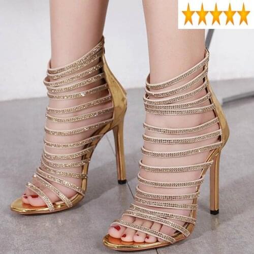 Out Summer Womens Straps Hollow Gladiator Sexy Golden Bling Diamonds Thin High Heels Sandals Ladies Party Shoes