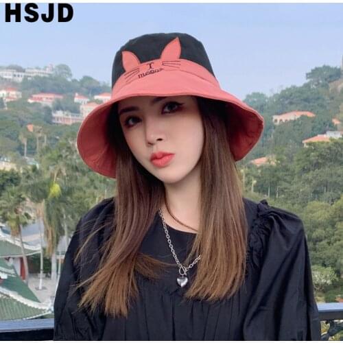 Cute Lovely Cat Ears Bucket Hat Summer Womens Hats Wide Brim Foldable Anti-UV Sun Beach Caps Panama Female Floppy Fisherman Cap