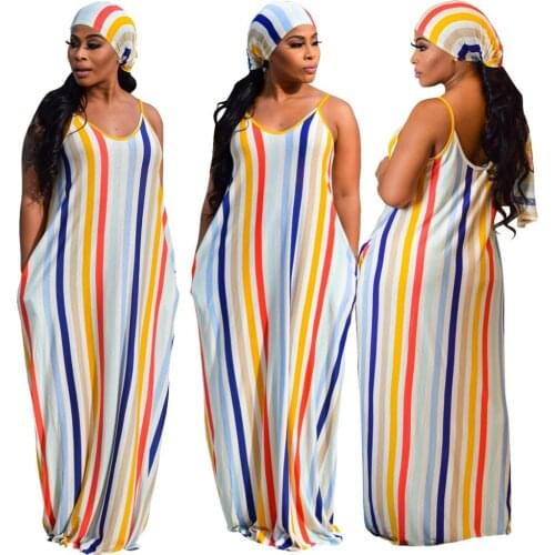 Stripe women summer maxi dress O-neck braces Long Loose beach party dresses with hairbands