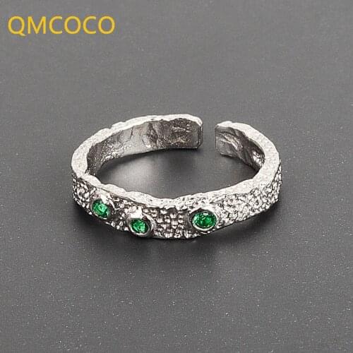 QMCOCO 925 Silver Zircon Scrub Irregular Surfaces Geometry Rings Vintage Open Adjustable Ring Fashion Fine Jewelry Accessories