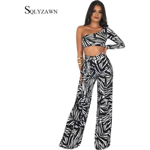 Sexy One Shoulder White Black Print Bodycon 2 Piece Set Women Long Sleeve Crop Top Wide Leg Pants Matching Beach Holiday Outfits