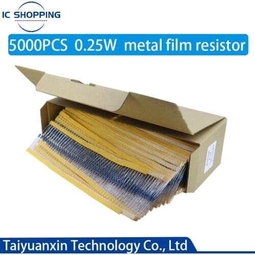 5000PCS 1/4W Metal Film Power Resistor 1% 0.25W 0.1~1M 2.2 4.7 47 100 120 150 200 220 360 470 680 1K 2.2K 10K 47K 22K 100K Ohm