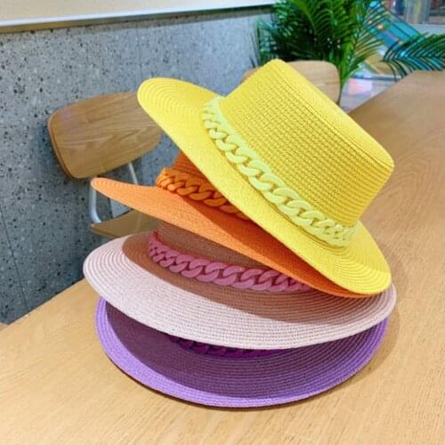 Macaron color straw hat sun hat flat top Korean fashion color chain with top hat acrylic beach hat candy color sun hat
