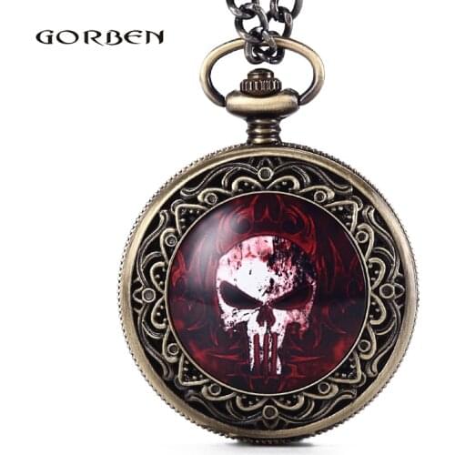 Vintage Men Watch Unique Skull Design Quartz Pocket Watches Steampunk Cool Gorben Watch Fob Waist Chain Men Gifts Box Set