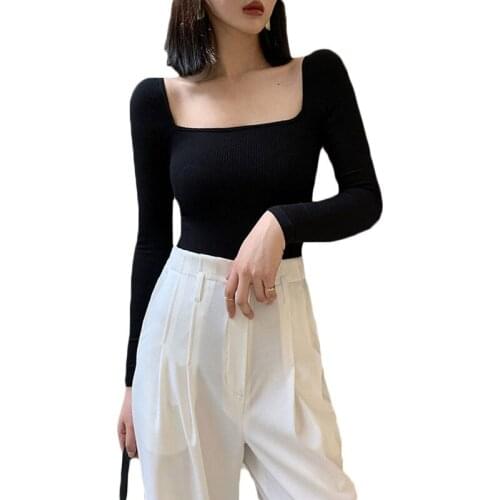 Vintage Square-neck Knitted Tops Women 2021 New Spring and Autumn Black Sweater Bottoming Shirts Female Knit Tops NS2526
