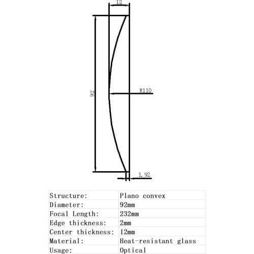 Plano Convex Lens Diameter 92mm Focal Length 232mm Heat-resistant glass Glass Lens Optical Glass Optical Lens