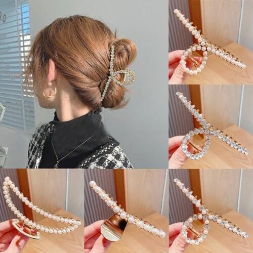 Korean Ladies Pearl Crystal Hair Claw Fashion Cross Metal Carb Hair Clips For Women Elegant Hair Accessories Hairgrips Hairpins
