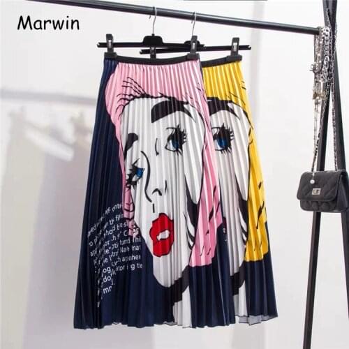 Marwin 2019 New-Coming Spring Summer Europen Printing Cartoon Pattern High Elasticity Pleated High Street A-line Women Skirts