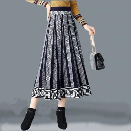 Women Skirt High Waist Knitted Midi Skirt A-Line Black Elegant Pleated Skirt Plus Size Spring Autumn Winter faldas femme jupes