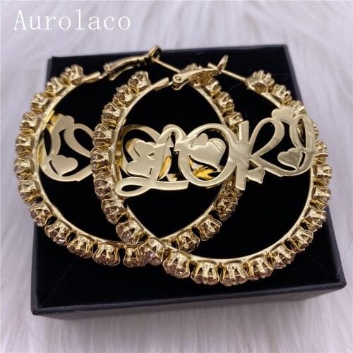 AurolaCo Custom Name Earrings With Big Diamond Custom Bling Bling Hoops Earrings Stainless Steel Custom Earrings for Women Gift