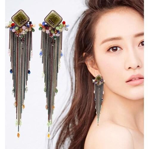 Beautiful Colorful Hand weaving Ceramics Crystal Flowers Chain Long Tassel Earrings For Women luxury Jewelry Girlfriend gift