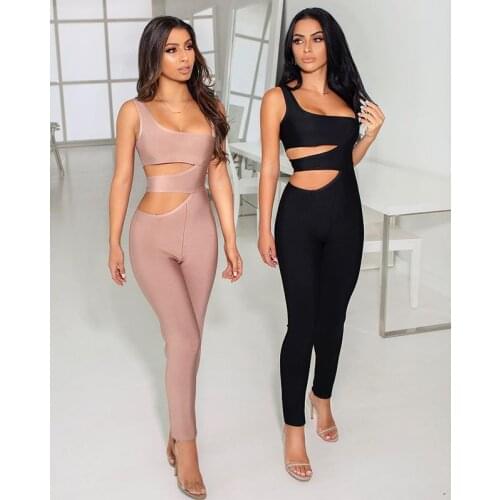 New Celebrity Khaki Black Red Hollow Out Bandage Jumpsuit Full Length Top Quality Evening Party Jumpsuit