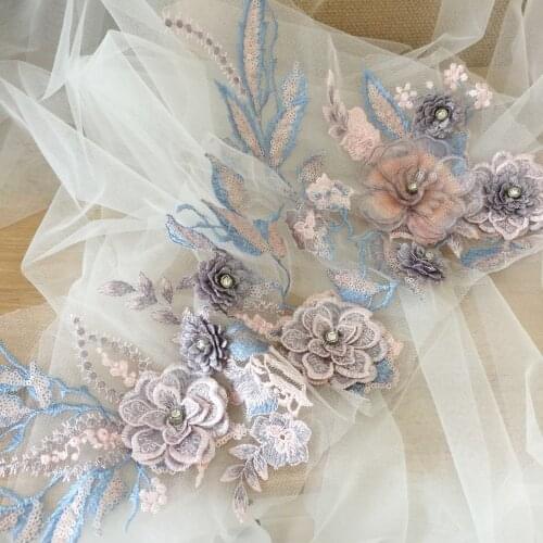 1 pc Pastel 3D Beaded Flower Lace Applique with Rhinestones for Lyrical Dance, Ballet, Skating Costumes, Bridal, Garments