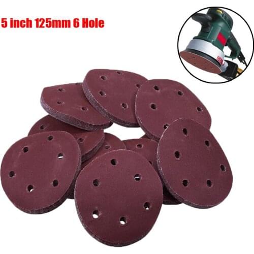 100pcs 5 inch 125mm Flocking Round Sandpapers 6 Hole 80 150 180 Grit Hook and Loop Sanding Disc For Grinding and Polishing