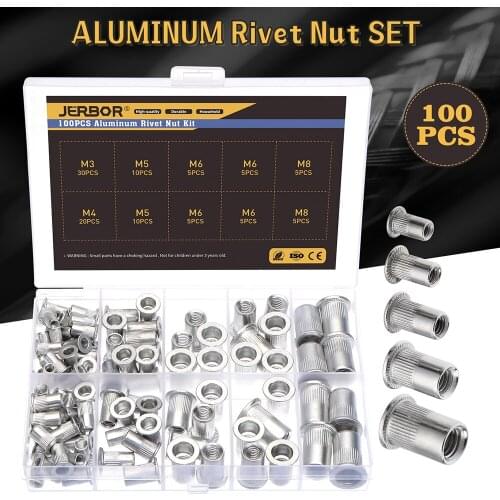 100PCS Aluminium Rivet Nuts Set Nutserts Threaded Insert Nutsert Cap Flat Head Rivet Nuts Carbon Steel M3 M4 M5 M6 M8