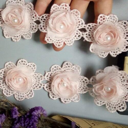 10X Pink 5cm Pearl 3D Flower Tassel Lace Edge Trim Ribbon Fabric Embroidered Applique Sewing Craft Wedding Dress Clothes New