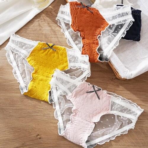 2pcs Sexy Transparent Lace Panties Women Fashion Cozy Lingerie Tempting Briefs Ladies Underpant Mid Waist Intimates Underwear