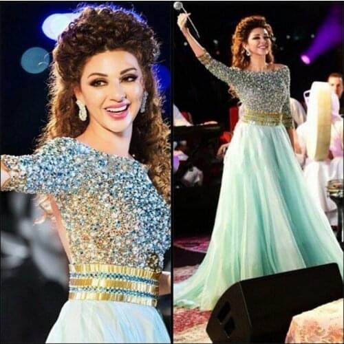 2020 A Line Myriam Fares Celebrity Dress Scoop Neck Three Quarter Sleeves Beaded Crystals Sequins Tulle Long Prom Dresses