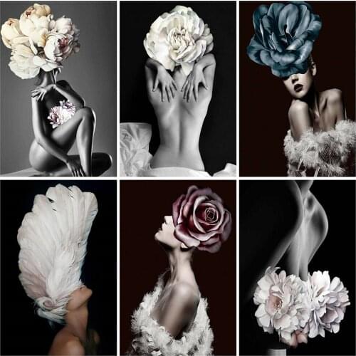 Diamond Painting Girl 5D Diamond Embroidery Black White Portrait Cross Stitch Flower Rhinestone Mosaic Wall Decoration