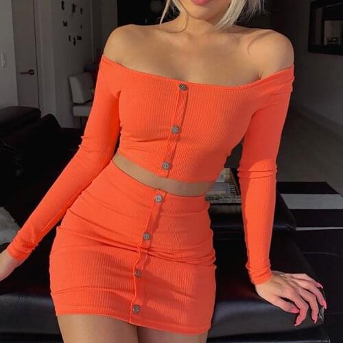 Sexy Dress Sets Women Off Shoulder Button Short Tops And Mini Skirt Suit Summer Night Club Button Crop Tops Street Wear