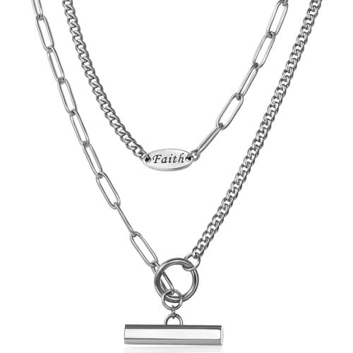 Mix Chain Faith Pendant Choker Necklace for Women Men Engraved Bar Stainless Steel PaperClip Cuban Link TO Clasp Jewelry DTNS032