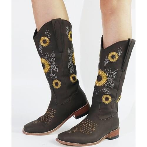 SARAIRIS Fashion Sunflower Concise Great Quality Western Boots Comfy mid-calf Square Heel Cow Boy Women Shoes