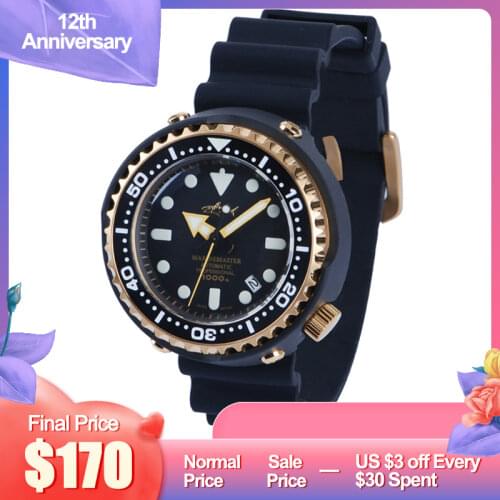 HEIMDALLR 1000M Mens Diver Watch Waterproof Golden Plated Black PVD Coated Case NH35A Automatic Watches Tuna Mechanical Watch
