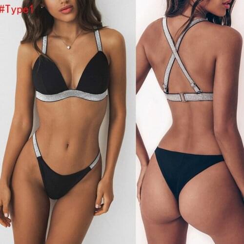 2019 New Sexy Women Push Up Bikini Set Bra Padded Swimwear Bandage Lady Cross Up Patchwork Strappy Swimsuit Bathing Suit Black