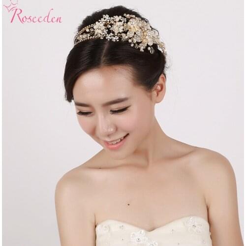 New Luxury Handmade Europe Style Bridal Gold Tiaras and Crowns Beautiful Drilling Flowers Simulated Pearl Head PieceRE284
