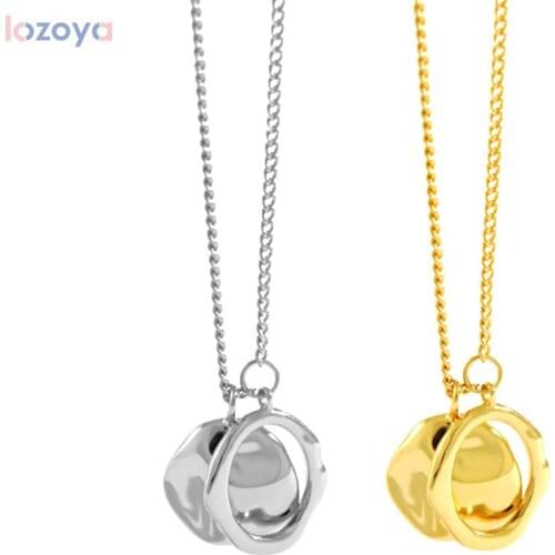 LOZOYA 925 Sterling Silver Two Coins Fashion Jewelry Circle Pendant Necklace Long Chain Fashion Crystal Luxury Rock Punk