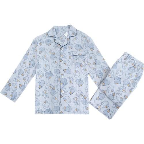 Spring and Summer Autumn Mens100% Cotton Double Gauze Bear Pajamas printed Long sleeves Leisure wear Home Wear