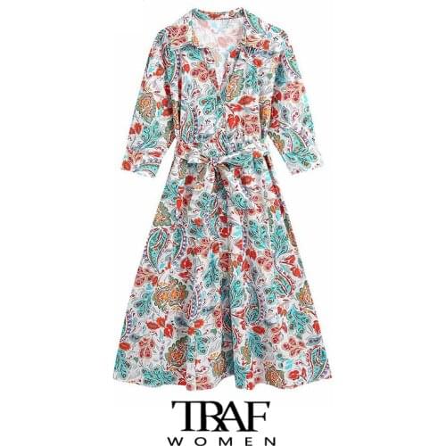 TRAF Za Women Fashion With Belt Floral Print Midi Shirt Dress Vintage Three Quarter Sleeve Button-up Female Dresses Mujer