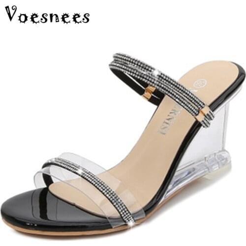 CrystalTransparent Wedge Sandals Women 2020 New Summer Word Ladies Slippers Sexy High Heels 8 cm Shiny Rhinestone Womens Shoes