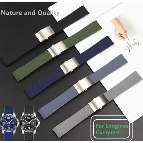21mm soft Rubber Silicone Watch Strap Black Blue Gray Green Folding Buckle Watch Band Suitable for Longines Conquest Watchband