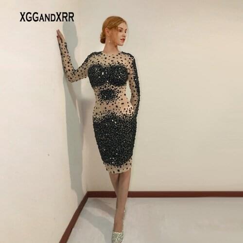 Luxury Black Long Sleeves Prom Dress 2021 Heavy Crystal Beading Illusion Back Knee Length Girls Birthday Party Gown Pageant Gala