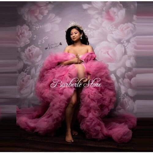 Luxury Puffy Tulle Long Robe Pregnant Women Gowns See Thru Front Slit Ruffles Maternity Dress With Flare Long Sleeves Bow Waist