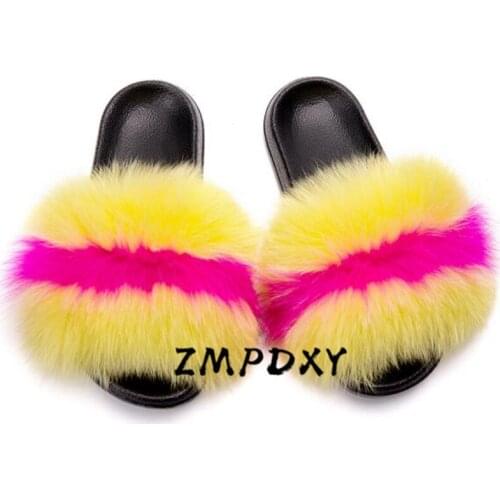 Womens fluffy Fox Fur Shoes Kids/Childrens Raccoon Fur Slippers Female Comfy Plush Slides Ladies Beach Flip Flops Fur Sandals