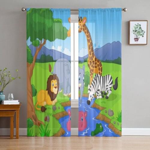 Forest Animal Lion Elephant Tulle Curtains for Bedroom Home Decor Living Room Kitchen Voile Curtains for Blind Drapes