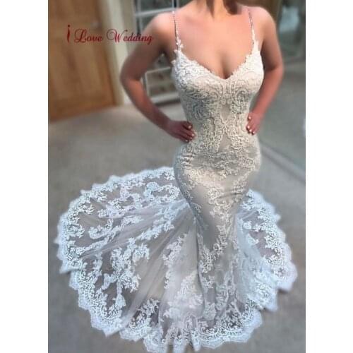 Vestido de novia 2020 Spaghetti Straps Lace Applique Custom made Mermaid Wedding Dress Elegant Long Wedding Gown