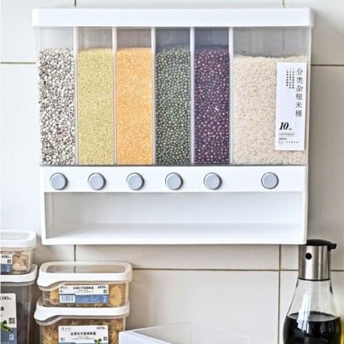Moisture-Proof Wall Hanging Cereal Dispenser 6 Grids Rice Container Plastic Automatic Sealed Food Storage Box For 10KG Foods