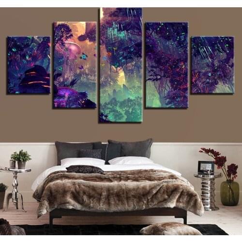 Wall Art Canvas Painting Printed Poster Frame 5 Pieces Colorful Glowing Forest Home Decor Modular Mushroom Tree Pictures