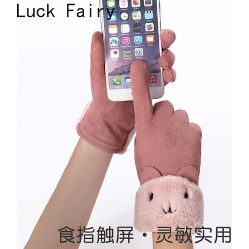 Suede gloves womens spring and autumn winter Plush lovely Korean student cycling warm gloves hand warmer warmer hand warmer