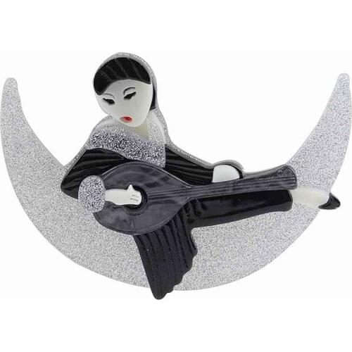 New Design Female Singer Sit On Moon Brooches Pins For Women Acrylic Cartoon Cool Lady Brooch Pins Lapel Badges Fashion Jewelry