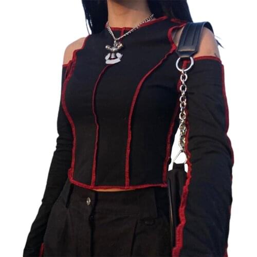 Women Tshirt Patchwork Y2k Stitch Open Shoulder Crop Tops Punk Style O-Neck Long Sleeve Sexy T-Shirts Streetwear E-Girl Tee