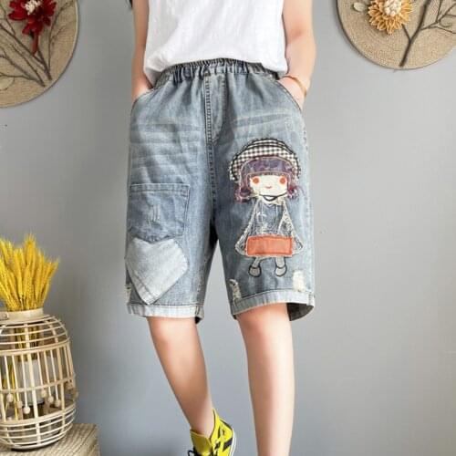 Women Streetwear Baggy Jeans Shorts Femme Vintage High Waist Straight Leg Denim Shorts Cartoon Patchwork Ripped Distressed Jean